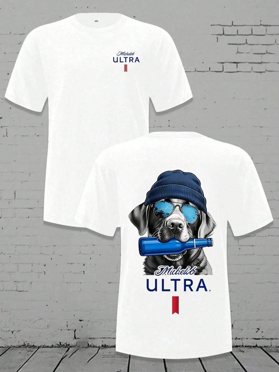 Men's Loose Crewneck T - Shirt - Michelob Ultra Cool Dog (Sunglasses & Cap) Graphic, 220g Soft Cotton Tee,Mens Clothes,Graphic T Graphic Tees - 白色 - 查看 1