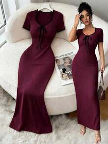 Vestido largo ajustado de manga corta con diseño de lazo en la cintura y cuello de corazón elegante y romántico en color albaricoque, para primavera/verano - Burdeos - Ver 6