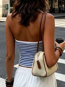 Women Striped Print Tank Tops Halter Neck Sleeveless Open Back Summer Slim Fit Vest - Blue - View 4