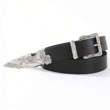 Vintage Metal Carved Belt, Suitable For Jeans, Black Leather Design Unisex Belt - Black - View 3