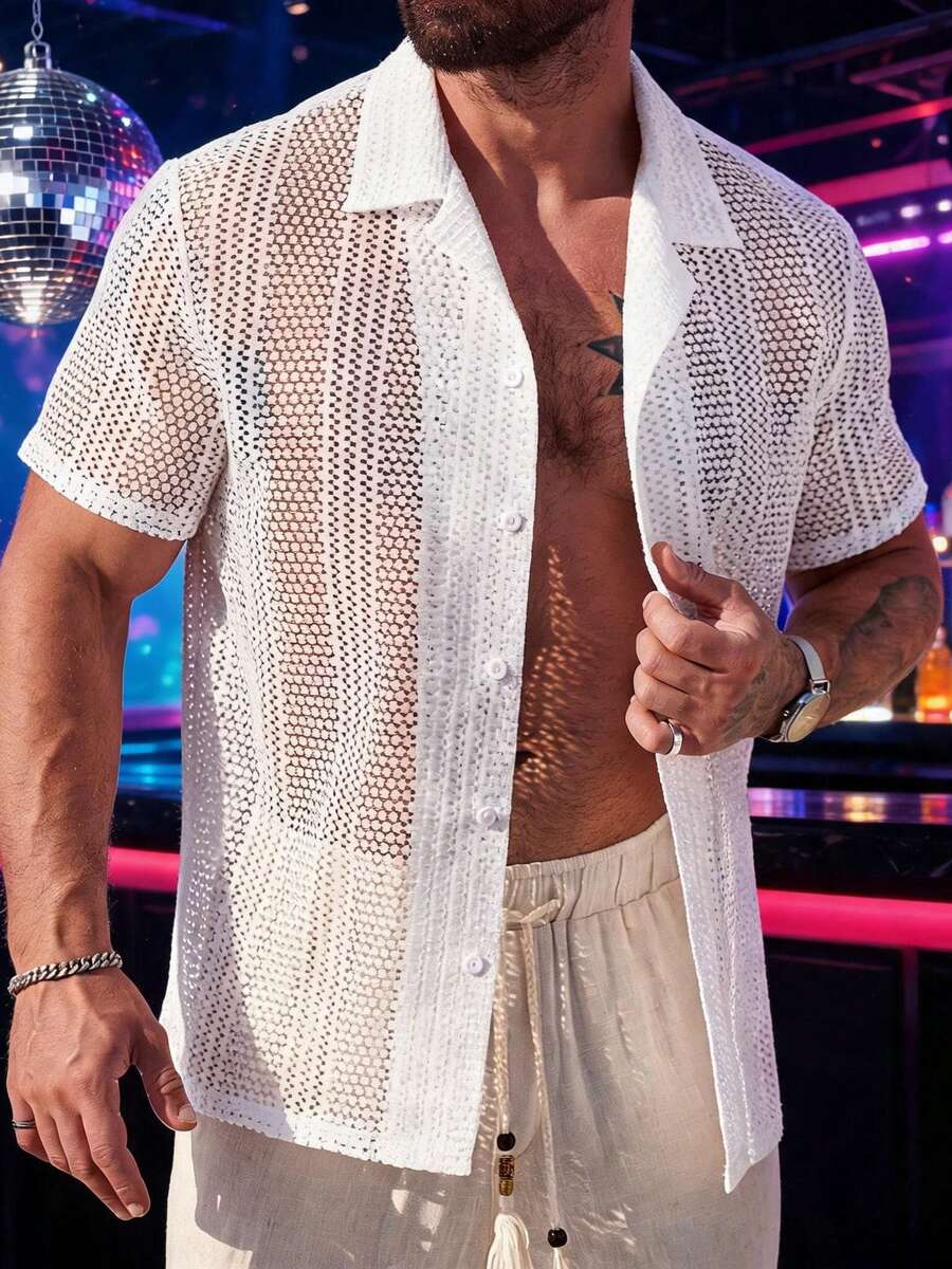 Men's Casual Hollow Out Design Shirt, Summer - White - View 1