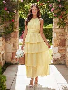 Vestido elegante sin mangas de unicolor con pliegues y capas - Amarillo - Ver 6