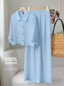Conjunto de camisa y pantalones a rayas de estilo casual y vacacional para mujer - Azul 2 - Ver 1