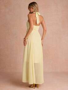 Vestido con cuello drapeado y decoración floral 3D para mujer - Amarillo - Ver 6