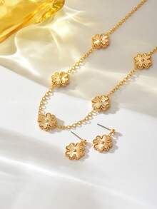 3pcs Luxury Gold Flower Jewelry Set, Minimalist Versatile Necklace & Earrings, Birthday/Anniversary Gift - Yellow Gold - View 7