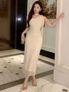 Vestido de fiesta de hombro oblicuo de unicolor y simple para uso diario, vestido de verano elegante para Año Nuevo, vestido para boda, baile de graduación, vestido largo, vestido de cóctel - Beis - Ver 6