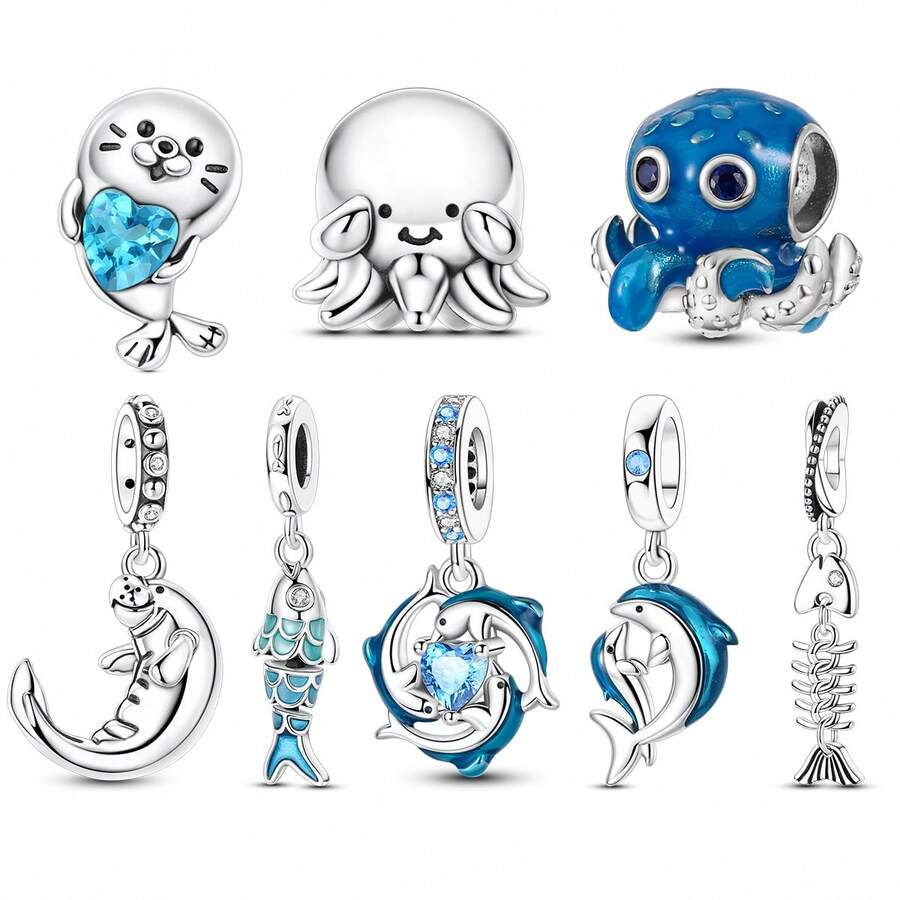 1Pc Silver Plated Blue Ocean Summer Animal Charms, Cute Octopus Seal Dolphin Fish Pendants, DIY Bracelet Necklace Beads, Beach Vacation Jewelry Gift - Silver - View 1