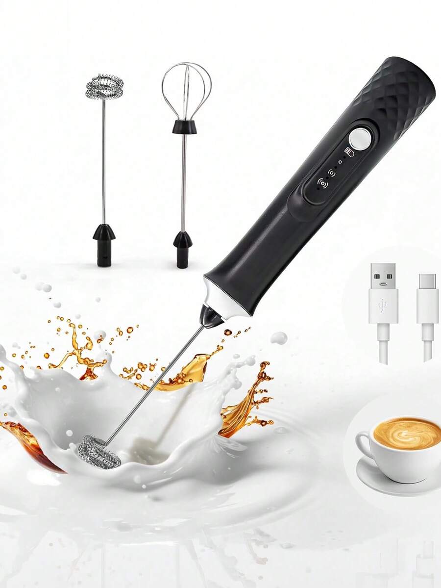 Multifunctional USB Rechargeable Handheld Milk Frother, With 2 Detachable Milk Frothing Heads, 3-Speed Electric Coffee Mixer, Detachable Stainless Steel Milk Frothing Whisk Suitable For Latte, Cappuccino, Matcha, Egg