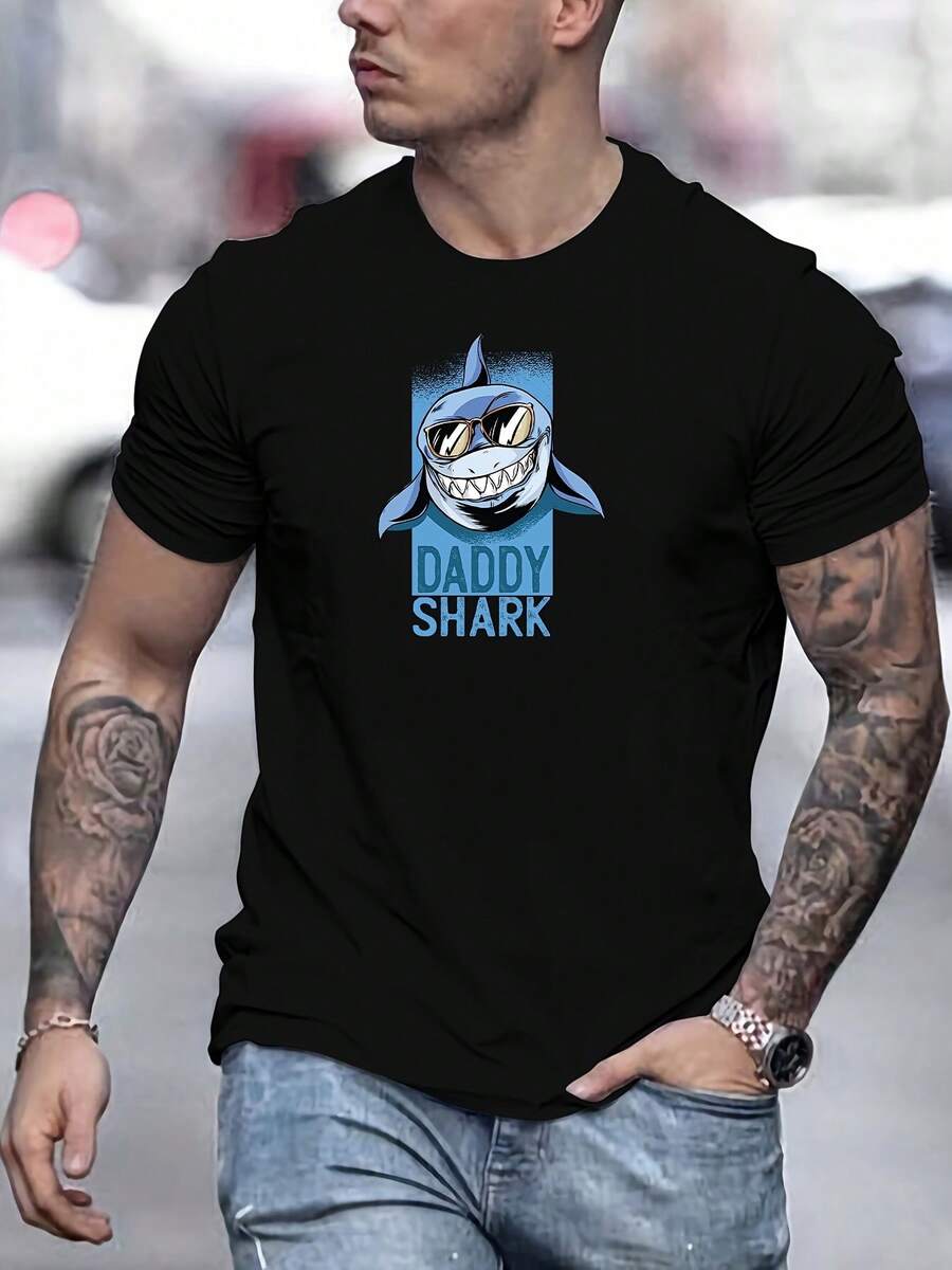 Men's Casual Short-Sleeved T-Shirt With A Dad Shark Print, Ideal For Spring, Summer And Autumn - 黑色 - 查看 1