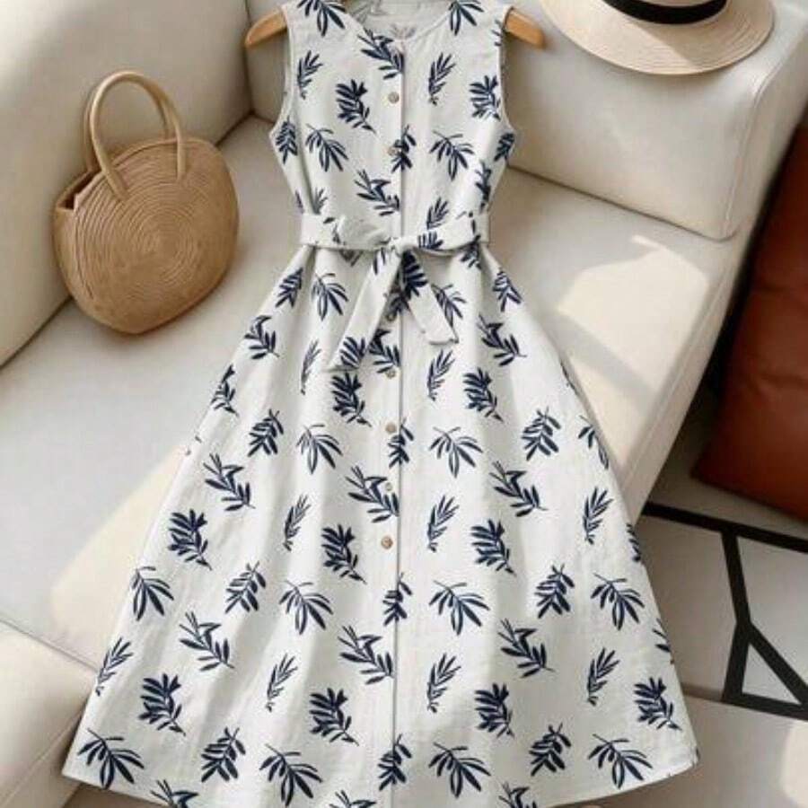 Vestido de mujer con cuello redondo, sin mangas, con estampado botánico y botones delanteros - Blanco - Ver 1