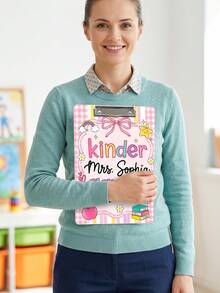 1pc Custom Name Kindergarten Teacher Clipboard, Personalized Back To School Clipboard, Cute Pink Grid Pastel Classroom Clipboard For Teachers Day, Teacher Appreciation Gift - Multicolor - View 4