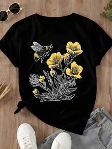 Comfortable For All-Day Wear. This Women's Casual T-Shirt Features A Relaxed Fit, A Round Neck, And Short Sleeves. Its Bee And Yellow Flower Print Makes It Ideal For Spring And Summer Outings And Everyday Wear. The Comfortable, Relaxed Fit Flatters All Body Types, While The High-Quality Material Feels Soft Against The Skin And Offers Durability. - 白色 - 查看 11