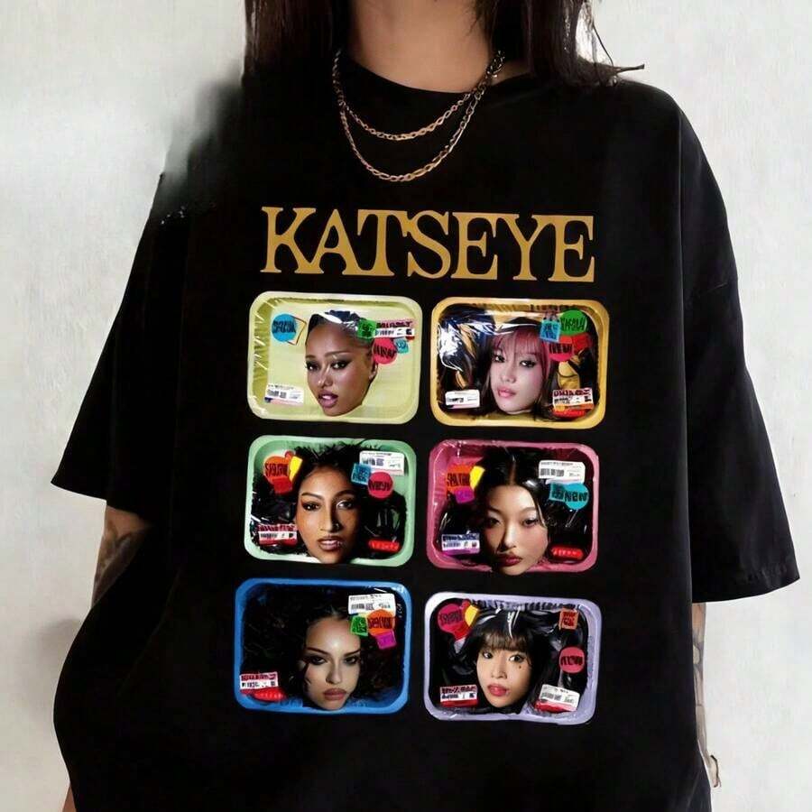 Katseye Vintage Music T-Shirt, Graphic Tee Inspired By The Beautiful Chaos Tour, Katseye K-Pop Graphic Tee, Katseye Vintage Urban Style, Unisex Cotton Short Sleeve Crew Neck T-Shirt, Blouses For Women. Blouses.Casual Blouses For Ladies. - 黑色 13 - 查看 1