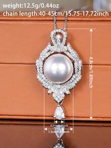 1pc Charming Cubic Zirconia & Faux Pearl Pendant Necklace, Suitable For Women, Ideal For Weddings, Engagements, Anniversary Parties, Valentine's Day Gifts - Silver - View 7