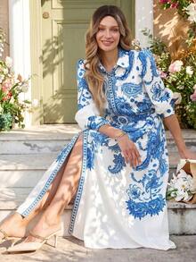 Vestido largo bohemio de mujer para primavera con estampado floral azul y blanco, cuello alto, cintura recogida y mangas farol - Azul y blanco - Ver 8