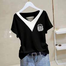 Short-Sleeved Top With V-Neck And Openwork Design, 100% Pure Cotton For Women, New Summer Style, Versatile, Loose And Elegant, Plus Size, With Contrasting Color Design. - 黑色-601[右紅] - 查看 3