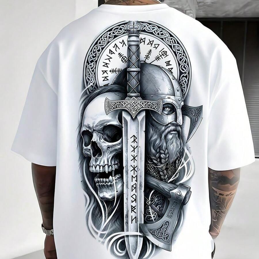 Camiseta de algodón puro con diseño vikingo y calavera estampado en 3D estilo para hombres amantes de la cultura nórdica moda urbana streetwear inspiración guerrero escandinavo - Blanco - Ver 1