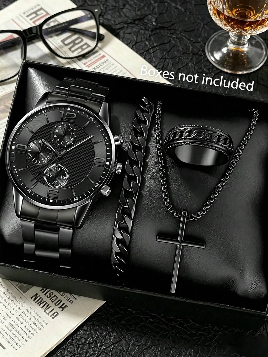 4pcs/Set Men's Casual Business Watch, Cross Pendant Necklace, Bracelet And Ring, Sports - Black - View 1
