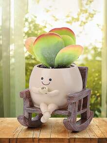 Smiling Face Planter, Cute Rocking Chair Design, With Drainage Hole, Funny Small Flower Pot, Suitable For Indoor Succulents, Unique Gift For Plant Lovers - Multicolor - View 5