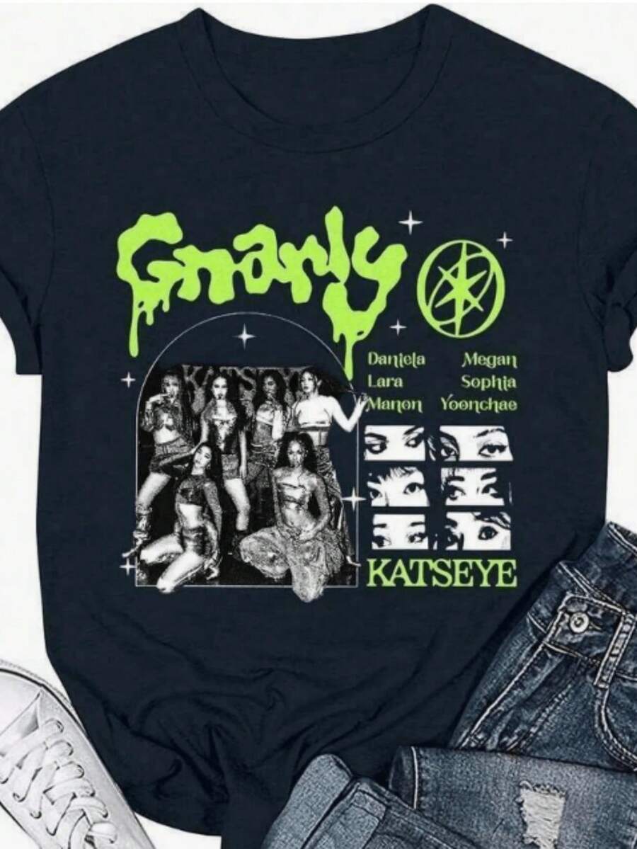 Katseye All Member Sweatshirt, Katseye Beautiful Chaos World Tour T-Shirt, Katseye Gnarly Chibi T-Shirt, Gabriela T-Shirt, Katseye Soft Is Strong, Spring/Summer Sets, Spring Outfits, Black Top, Black Tops, Women's Vacation Sets, Women's Tops - 黑色 4 - 查看 1