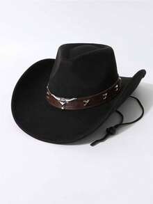 1pc Unisex Vintage Denim Western Cowboy Hat, With Vintage Bull Head Decoration, Wide Brim Design, UV Protection Sun Hat, Adjustable Brim, With Windproof Rope, Suitable For Parties - Suede X Denim Hat - View 7