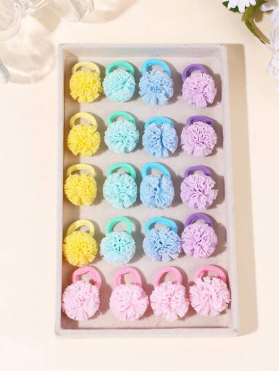 20pcs/Set Colorful Pom Pom Hair Scrunchies, Y2K Dopamine Elastic Hair Ties, Blue & Yellow Mesh Hair Bands, Sweet & Cute Girl Hair Accessories, Suitable For Teacher's Gift, Summer Beach Vacation, Daily Wear