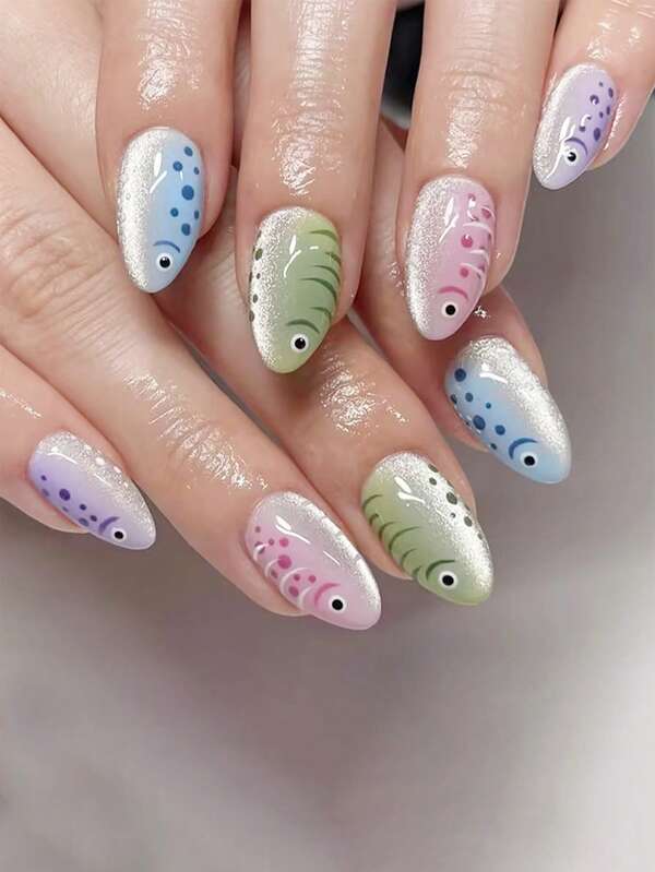 30pcs Y2K Minimalism Cute Cartoon Fish Cat Eye Short Almond Shaped Nail Tips, Press-On Nail Stickers, Acrylic Nail Art Decals