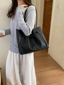 New Fashion Casual Solid Color PU Fabric Woven Embossed Lace-Up Women Tote Bag With Inner Pouch - A - View 6