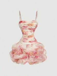 Vestido de mujer con estampado floral, ajustado, con pliegues y dobladillo abullonado de organza - Multicolor 3 - Ver 7