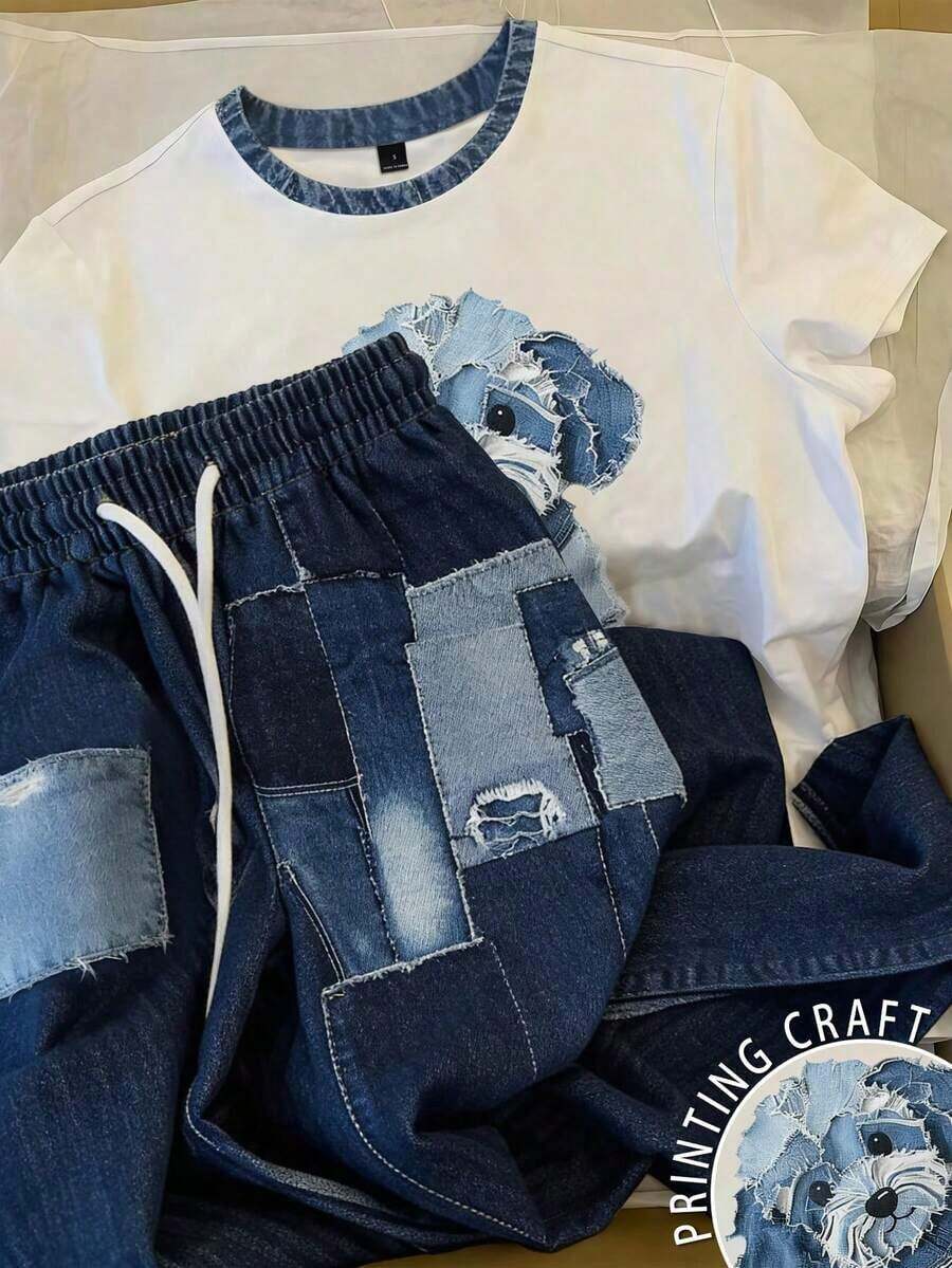 Conjunto informal de 2 piezas con blusa de manga corta con estampado floral y de palmeras y pantalones a rayas con cintura con cordón - Multicolor 2 - Ver 1