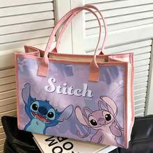 Miniso Disney Lilo & Stitch And Angel Canvas Tote Bag With Cute Print On Purple Background Pink Trim Large Capacity Reusable Shopping Handbag Versatile For Work School & Travel - Black - View 2