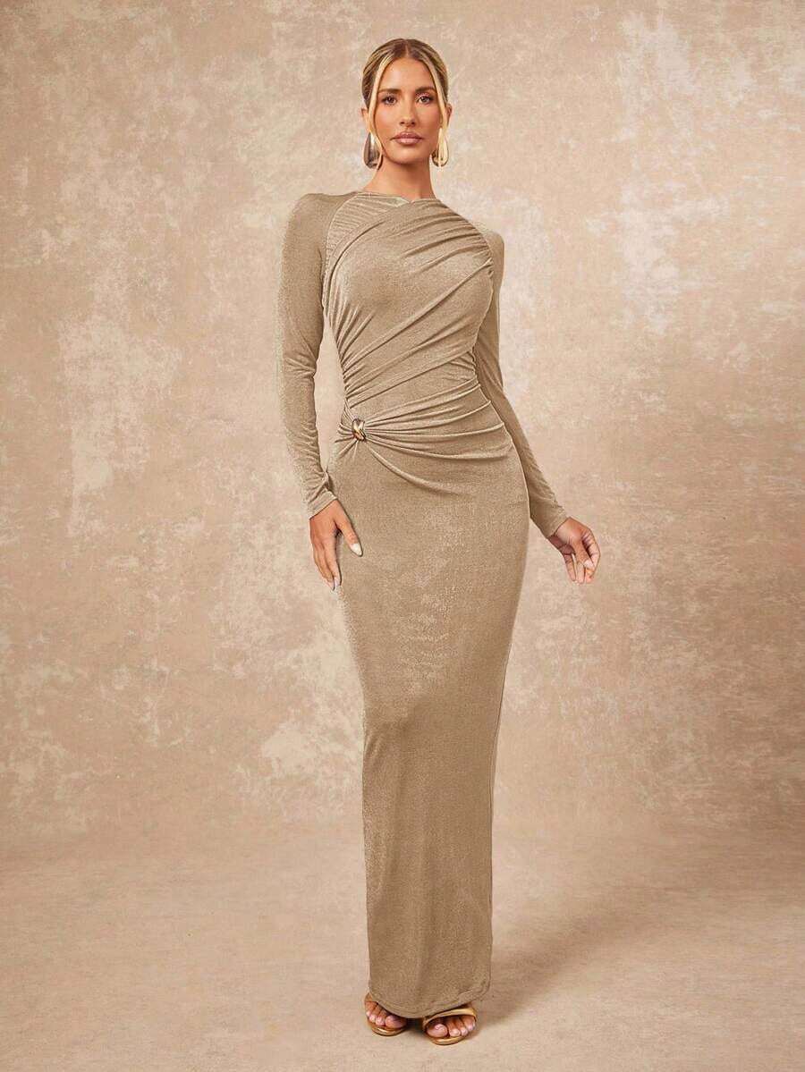 xheLumalex Vestido elegante de manga larga, ajustado y plisado de unicolor para mujerxhe - Caqui - Ver 1