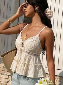Top de encaje color albaricoque para mujer, de tela tejida sólida con empalmado de encaje, adecuado para citas, vacaciones y verano en la playa - Albaricoque - Ver 4