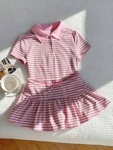 Women's 2-Piece Set Of Striped Short-Sleeved T-Shirt And Casual Summer Mini Skirt - 多色 5 - 查看 11