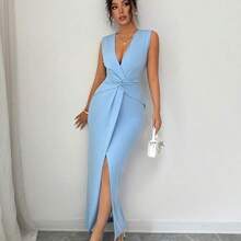 . .  Elegante vestido con cuello en V plisado, cintura ceñida y abertura, sexy y elegante, adecuado para uso diario y vacaciones, azul claro, vestido de primavera/verano de alta calidad para mujer, vestido formal - Celeste - Ver 6