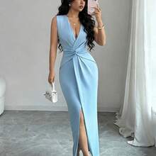 . .  Elegante vestido con cuello en V plisado, cintura ceñida y abertura, sexy y elegante, adecuado para uso diario y vacaciones, azul claro, vestido de primavera/verano de alta calidad para mujer, vestido formal - Celeste - Ver 7