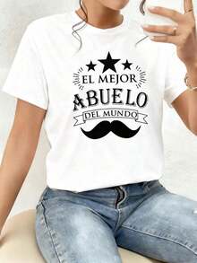 100% Cotton. The Print Features The Phrase "World's Best Grandpa" With Bright Stars Symbolizing Gratitude And Family Love, Celebrating Grandfathers With A Fun And Affectionate Touch. Women's 100% Cotton T-Shirt, Casual, Comfortable, And Perfect For A Gift. New Summer Women's T-Shirt, Casual And Comfortable Crew Neck Top - 白色的 - 查看 1
