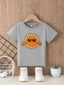 Lightweight Children's Short-Sleeved T-Shirt With A Sun And Sunglasses Print. Ideal For Home Use, Summer Wear, And Playtime, And Easy To Care For. - 灰色 - 查看 2