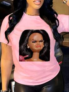 Doll Face Print Digital Print Short Sleeve Unisex Pure Cotton Loose And Comfortable - Pink - View 1