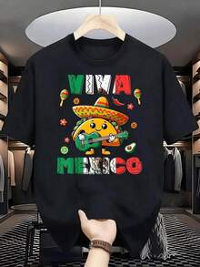 Smiling Taco With A Mexican Hat Playing Guitar Surrounded By Chilies, Avocados, And Flowers Over Colorful Lettering Celebrating The Joy And Pride Of Mexico. Comfortable Men's T-Shirt For Parties And Everyday Wear That Conveys A Festive, Patriotic, And Fun Spirit. - 黑色 - 查看 1