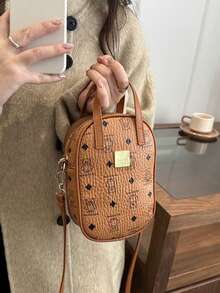 Vintage Monogram Print Mini Crossbody Bag For Women Brown PU Leather Small Camera Bag Retro Logo Pattern Zipper Shoulder Bag. - Brown - View 3