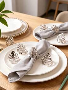 1-12pcs Silver Metal Turtle Leaf Napkin Rings, Suitable For Room Decor, Dining Table Decor, Home Decor - Multicolor - View 2