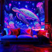 1pc Glow In The Dark Tapestry With Sea Turtle, Jellyfish, Coral Pattern, Large Size Plush Velvet Fluorescent Print Wall Hanging Tapestry For Bedroom, Party, Holiday Decor, Comes With Accessories - A - View 12