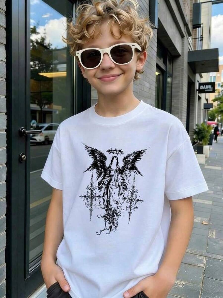Camiseta de manga corta para niños con estampado de ángel caído gótico oscuro, nuevo estilo de verano, camiseta de cuello redondo para niños mayores, blanca / negra / caqui / azul marinoCamiseta de manga corta de algodón puro para niños de 7 a 14 años Ropa De Niña,Conjuntos Para Niña,Tops Para Adolescentes,Blusas,Blusas Para Niña,Blusas De Niña,Vestido Juvenil Ropa Hombre,,playera De Hombre,playeras Oversize De Hombre, Hombre,playeras De Hombre Algodón,playera Hombre,local,camisetas gráficas de verano para mujeres,moda urbana local de primavera/verano,primavera‑verano, chic,estilo multifuncional, corte regular, 1 unidad,unisex, ideal para oficina y ocio. Paquete de una pieza. - Blanco - Ver 1