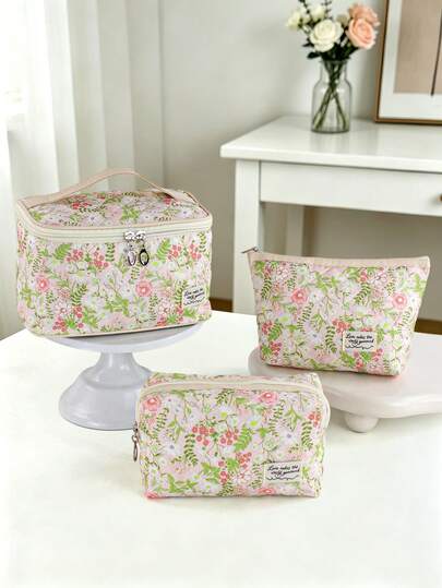 Elegant Floral Quilted Cosmetic Bag, Large Capacity Multi-Functional Travel Organizer, Portable Toiletry Bag, Christmas Gift, Makeup Tool Storage Pouch, Nail Polish Bag, Vanity Desk Organizer, Zipper Accessories, Gift For Girlfriend