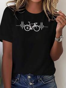 Pure Blue T-Shirt For Women With White Bicycle Design And Side Line - Casual Short Sleeve T-Shirt, Minimalist Style, Breathable For All Seasons And Everyday Outfits - 黑色 - 查看 1