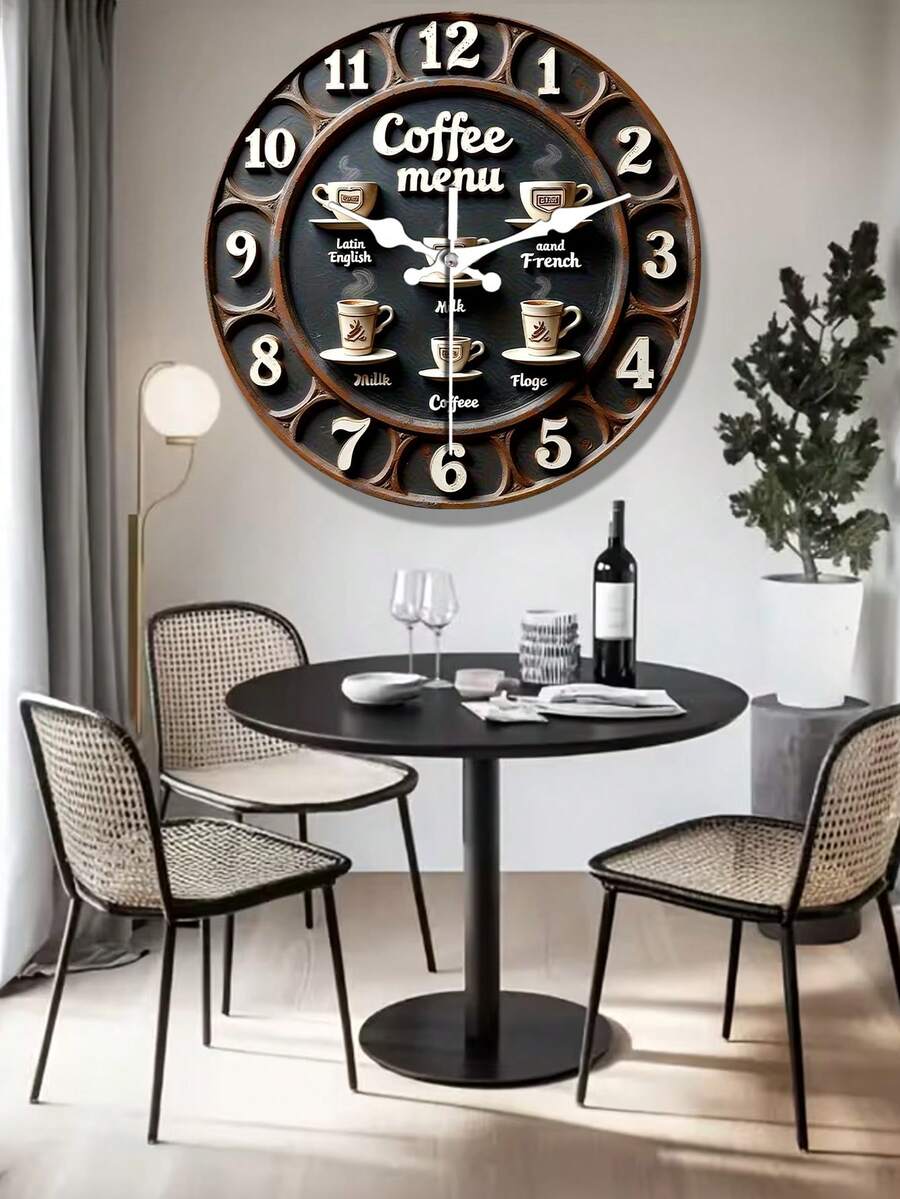Reloj de pared de menú de café silencioso de 10/12 pulgadas - Diseño de madera 2D con temática de café en inglés y francés, perfecto para decorar cocinas, restaurantes o cafeterías, reloj silencioso | Diseño de reloj vintage | Funcionamiento silencioso, 2D plano - Multicolor - Ver 1