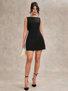 Vestido negro elegante y sencillo sin mangas, ajustado, con espalda descubierta, lazo en el bajo y silueta evasé, vestido negro, vestido para cita de San Valentín, vestido de dama de honor, pequeño vestido negro chic - Negro - Ver 5
