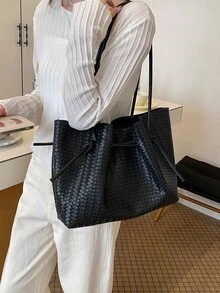 現代極簡編織紋理女款托特包，獨特編織設計單肩包，夏季新款純黑百搭單肩包，輕量大容量購物旅行包，附磁吸開合多口袋內裡組；耐用PU材質女款手提包；適合送禮給朋友、購物、約會、通勤、攝影、度假 - 黑色 - 查看 5
