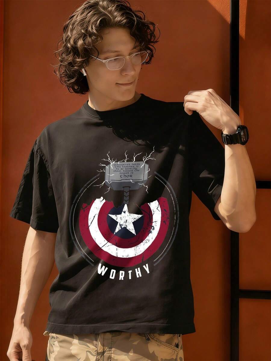 Men's MARVEL Thor Cotton T-Shirt, Hammer Shield Worthy Graphic Tee, Summer Casual Streetwear - 黑色 - 查看 1